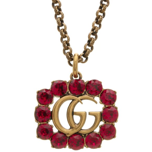 Gucci Red Crystal Double GG Marmont Necklace Gold NEW IN BOX